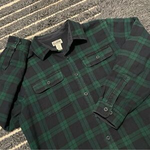90s LL Bean Plaid Green Blue Fleece Lined Flannel Shacket Outdoors Workwear Sz L